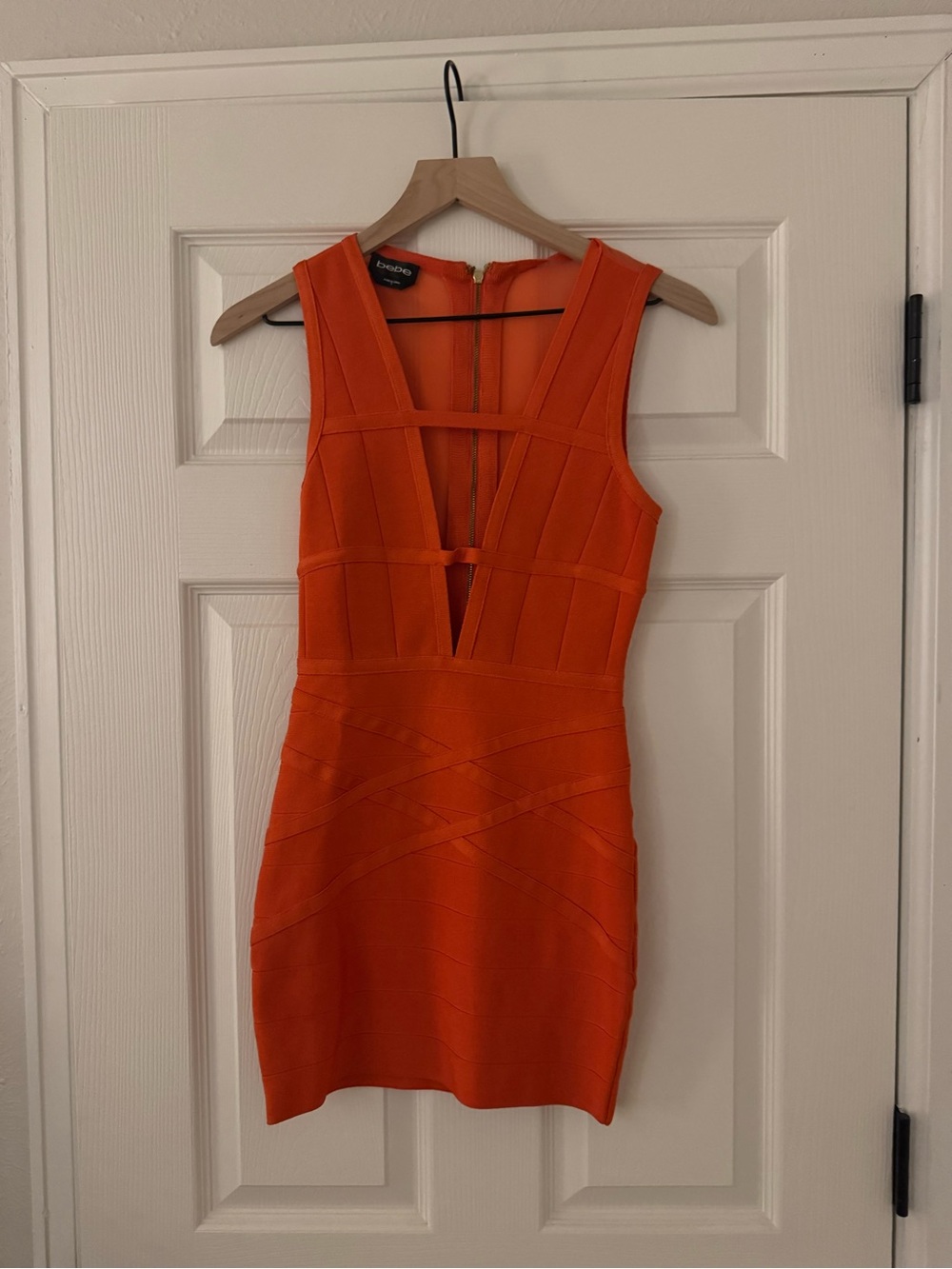 bebe Vibrant Orange Bandage Mini Dress with Plunge Detail